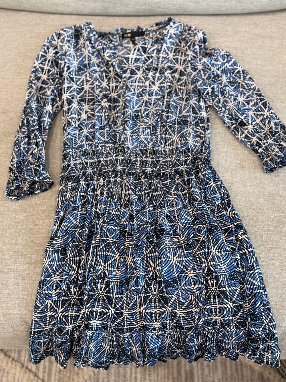 Maje Blue and White Long-Sleeve Patterned Dress